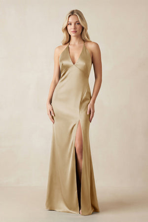 V - Neck Sheath Satin Bridesmaid Dress with Bow in Champagne - KissProm Bridesmaid Dresses