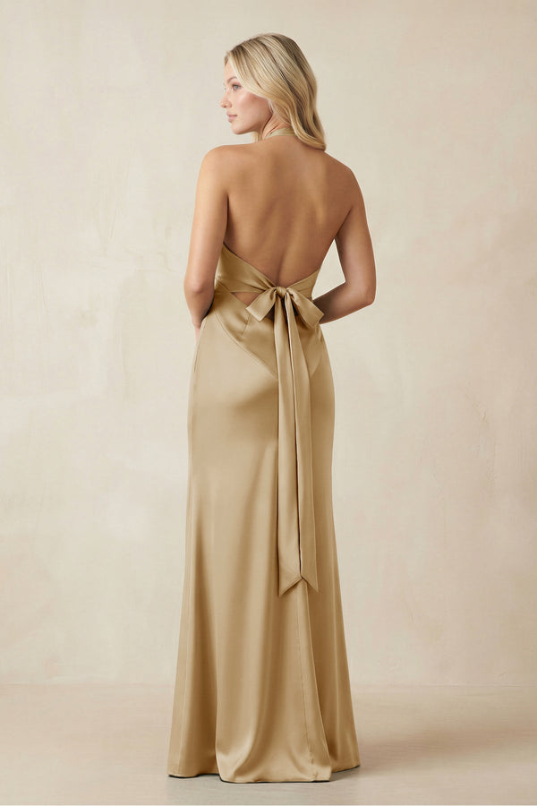 V - Neck Sheath Satin Bridesmaid Dress with Bow in Champagne - KissProm Bridesmaid Dresses