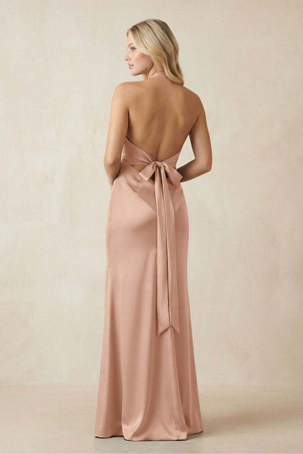 V - Neck Sheath Satin Bridesmaid Dress with Bow in Champagne Rose - KissProm Bridesmaid Dresses
