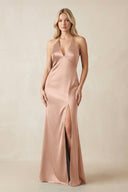 V - Neck Sheath Satin Bridesmaid Dress with Bow in Champagne Rose - KissProm Bridesmaid Dresses