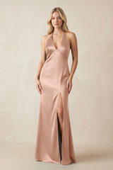 V - Neck Sheath Satin Bridesmaid Dress with Bow in Champagne Rose - KissProm Bridesmaid Dresses