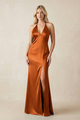 V - Neck Sheath Satin Bridesmaid Dress with Bow in Cinnamon - KissProm Bridesmaid Dresses