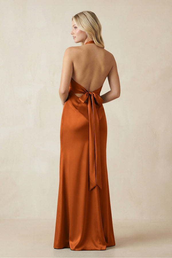 V - Neck Sheath Satin Bridesmaid Dress with Bow in Cinnamon - KissProm Bridesmaid Dresses