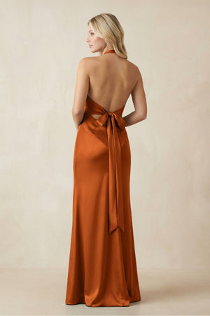 V - Neck Sheath Satin Bridesmaid Dress with Bow in Cinnamon - KissProm Bridesmaid Dresses