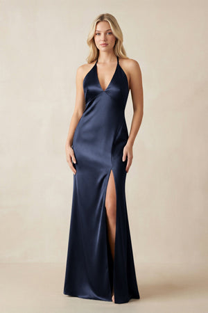 V - Neck Sheath Satin Bridesmaid Dress with Bow in Dark Navy - KissProm Bridesmaid Dresses