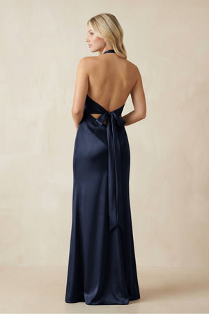 V - Neck Sheath Satin Bridesmaid Dress with Bow in Dark Navy - KissProm Bridesmaid Dresses