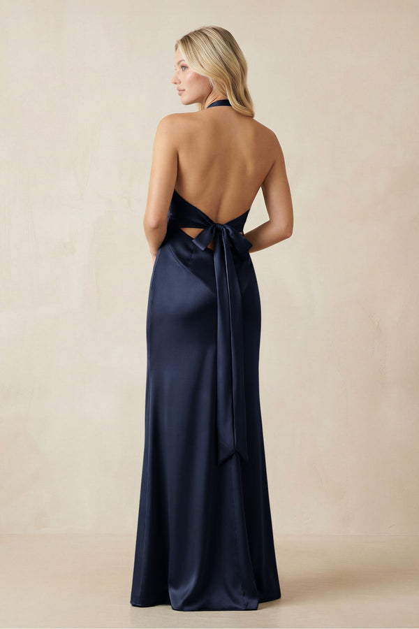 V - Neck Sheath Satin Bridesmaid Dress with Bow in Dark Navy - KissProm Bridesmaid Dresses