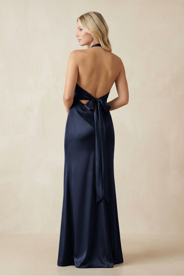 V - Neck Sheath Satin Bridesmaid Dress with Bow in Dark Navy - KissProm Bridesmaid Dresses