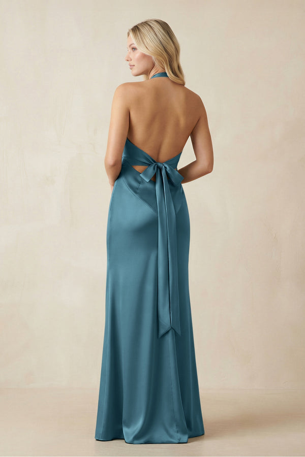 V - Neck Sheath Satin Bridesmaid Dress with Bow in Dark Teal - KissProm Bridesmaid Dresses