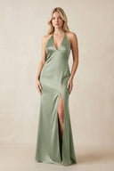 V - Neck Sheath Satin Bridesmaid Dress with Bow in Dove Gray - KissProm Bridesmaid Dresses