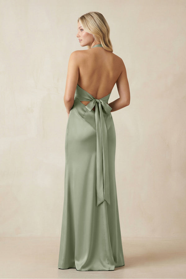 V - Neck Sheath Satin Bridesmaid Dress with Bow in Dove Gray - KissProm Bridesmaid Dresses