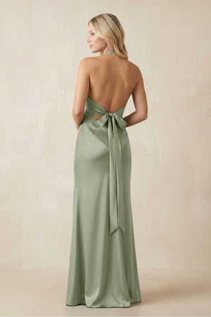 V - Neck Sheath Satin Bridesmaid Dress with Bow in Dove Gray - KissProm Bridesmaid Dresses