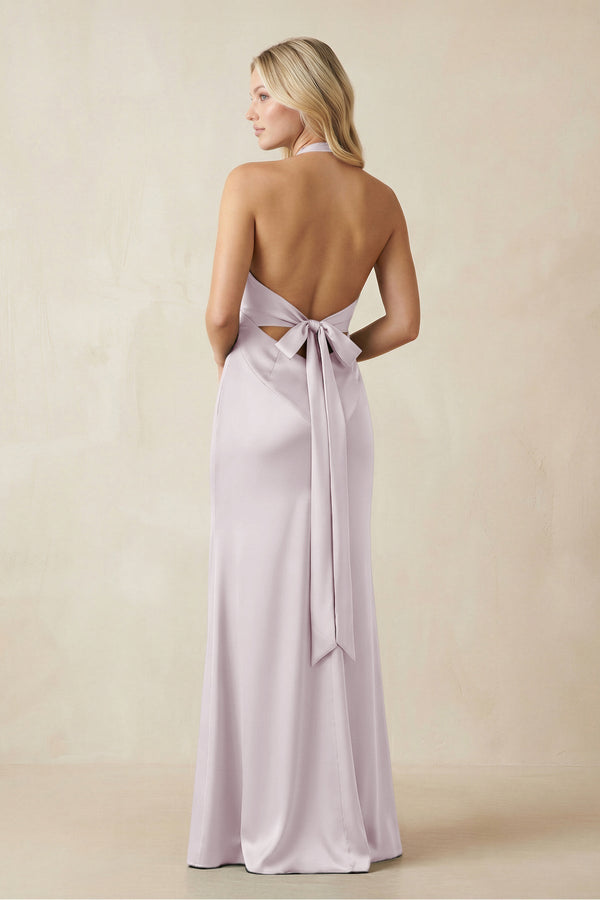 V - Neck Sheath Satin Bridesmaid Dress with Bow in Dusk - KissProm Bridesmaid Dresses