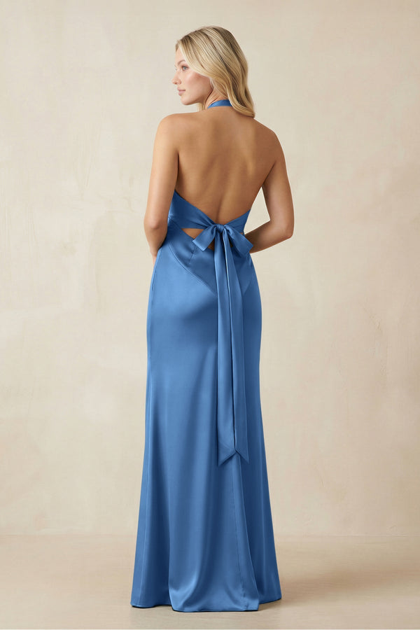 V - Neck Sheath Satin Bridesmaid Dress with Bow in Dusty Blue - KissProm Bridesmaid Dresses