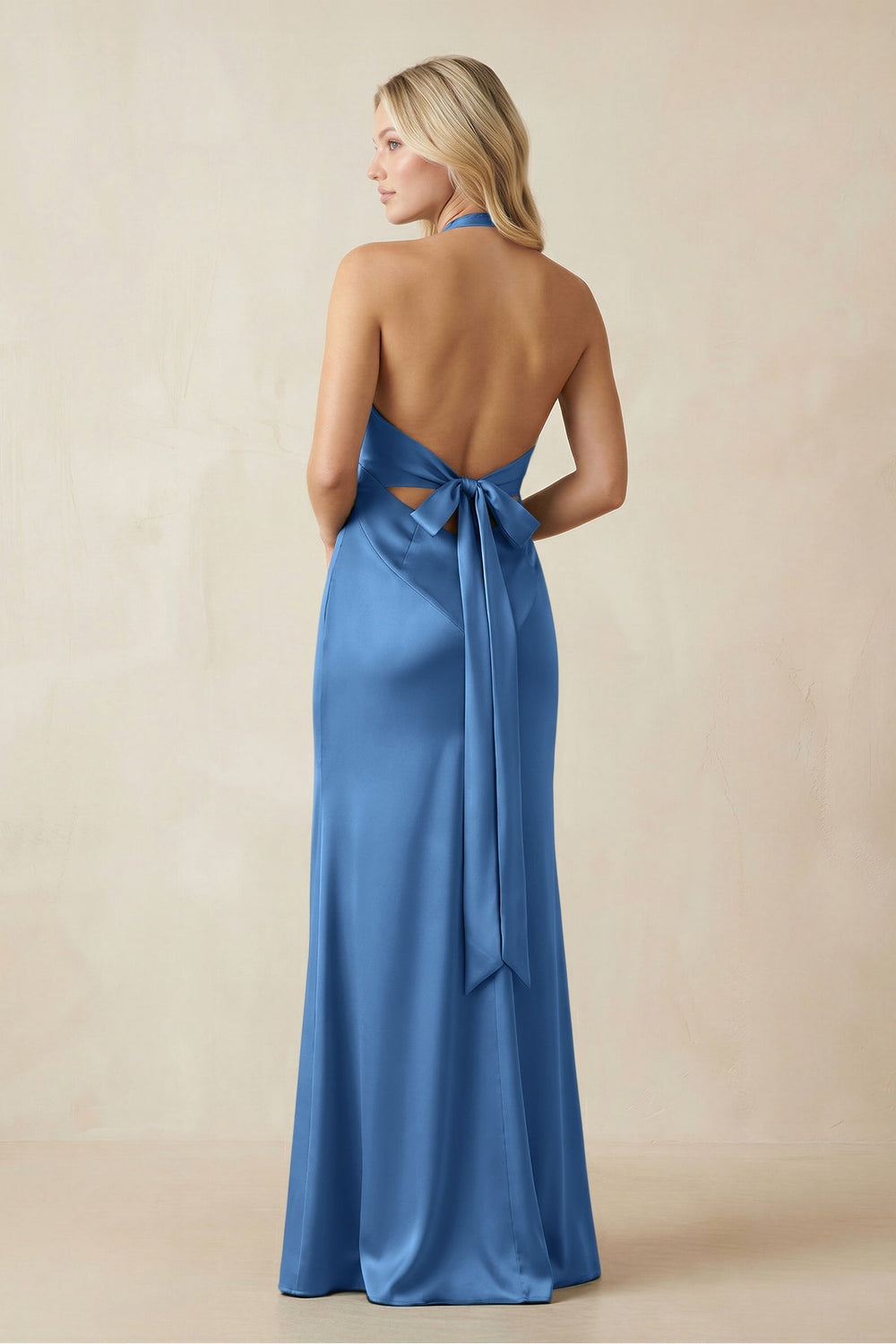 V - Neck Sheath Satin Bridesmaid Dress with Bow in Dusty Blue - KissProm Bridesmaid Dresses