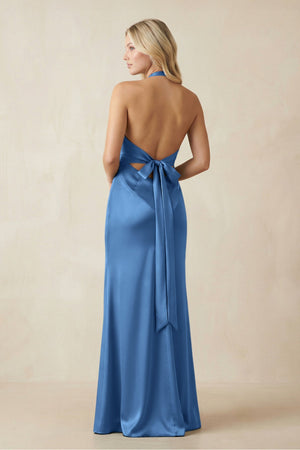 V - Neck Sheath Satin Bridesmaid Dress with Bow in Dusty Blue - KissProm Bridesmaid Dresses