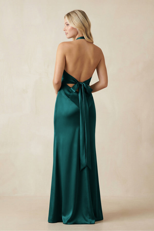 V - Neck Sheath Satin Bridesmaid Dress with Bow in Emerald - KissProm Bridesmaid Dresses
