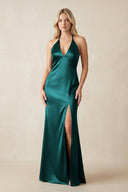 V - Neck Sheath Satin Bridesmaid Dress with Bow in Emerald - KissProm Bridesmaid Dresses