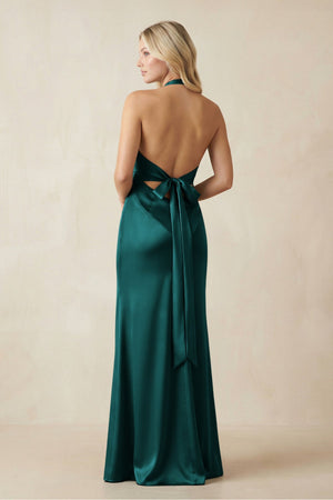 V - Neck Sheath Satin Bridesmaid Dress with Bow in Emerald - KissProm Bridesmaid Dresses