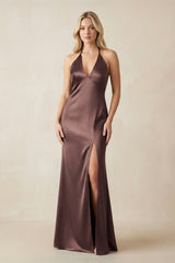 V - Neck Sheath Satin Bridesmaid Dress with Bow in Espresso - KissProm Bridesmaid Dresses