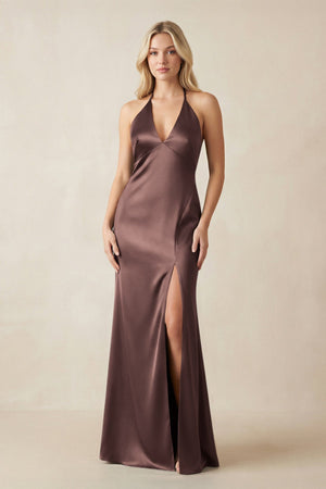 V - Neck Sheath Satin Bridesmaid Dress with Bow in Espresso - KissProm Bridesmaid Dresses