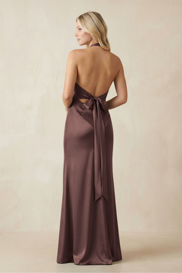 V - Neck Sheath Satin Bridesmaid Dress with Bow in Espresso - KissProm Bridesmaid Dresses