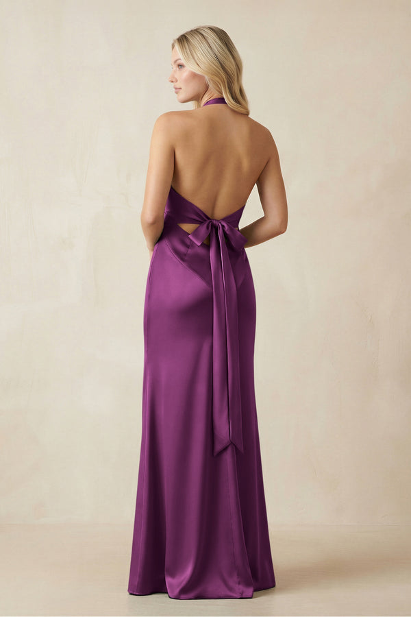 V - Neck Sheath Satin Bridesmaid Dress with Bow in Fig - KissProm Bridesmaid Dresses