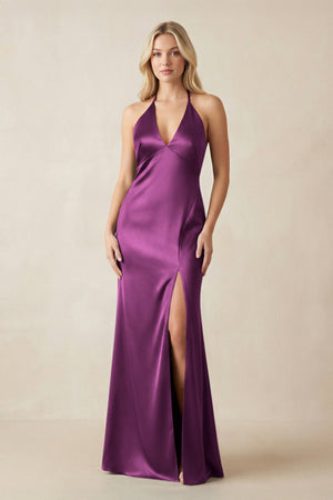 V - Neck Sheath Satin Bridesmaid Dress with Bow in Fig - KissProm Bridesmaid Dresses