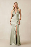 V - Neck Sheath Satin Bridesmaid Dress with Bow in Frost - KissProm Bridesmaid Dresses