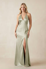 V - Neck Sheath Satin Bridesmaid Dress with Bow in Frost - KissProm Bridesmaid Dresses