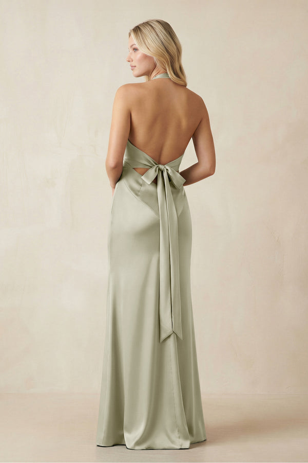 V - Neck Sheath Satin Bridesmaid Dress with Bow in Frost - KissProm Bridesmaid Dresses