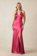 V - Neck Sheath Satin Bridesmaid Dress with Bow in Fuchsia - KissProm Bridesmaid Dresses