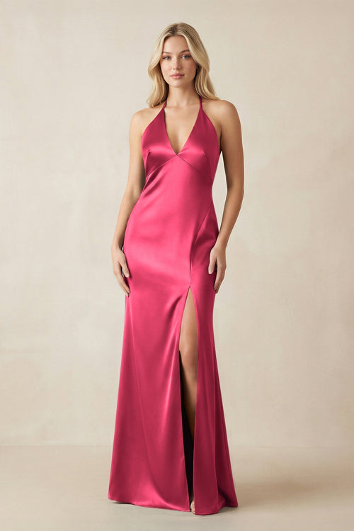 V - Neck Sheath Satin Bridesmaid Dress with Bow in Fuchsia - KissProm Bridesmaid Dresses