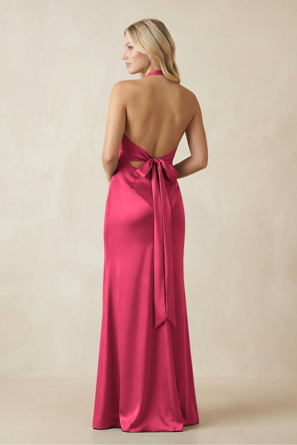 V - Neck Sheath Satin Bridesmaid Dress with Bow in Fuchsia - KissProm Bridesmaid Dresses