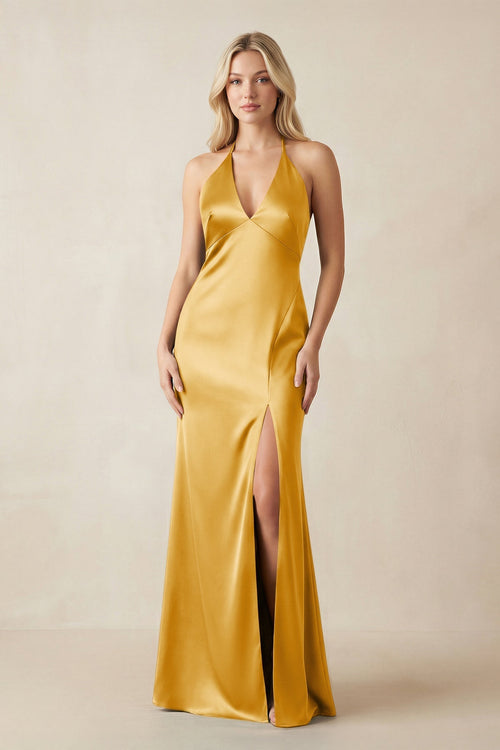 V - Neck Sheath Satin Bridesmaid Dress with Bow in Gold - KissProm Bridesmaid Dresses