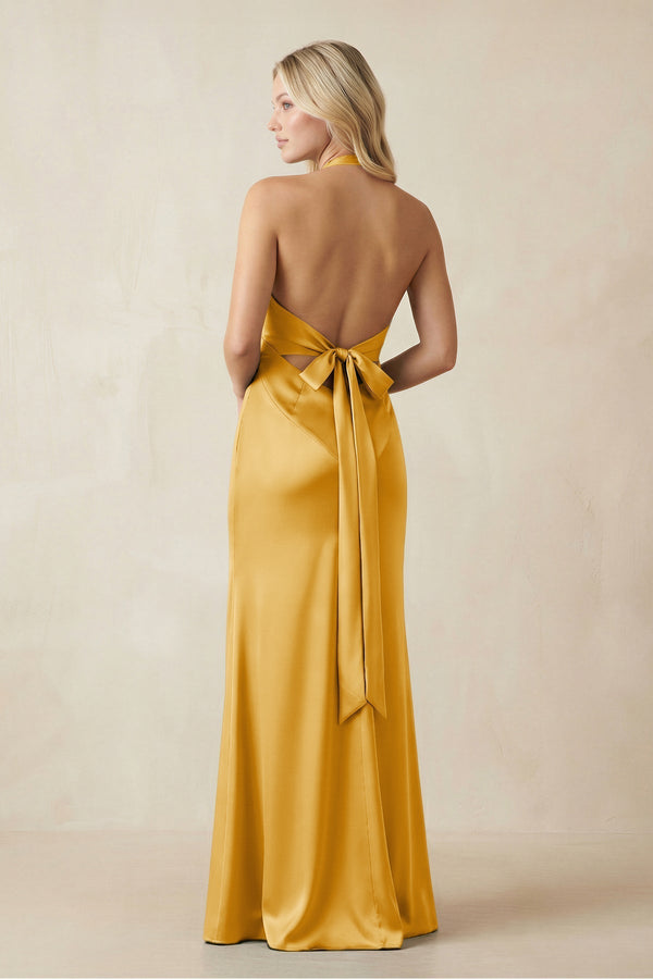 V - Neck Sheath Satin Bridesmaid Dress with Bow in Gold - KissProm Bridesmaid Dresses