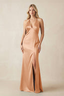 V - Neck Sheath Satin Bridesmaid Dress with Bow in Golden Champagne - KissProm Bridesmaid Dresses