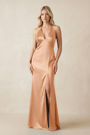 V - Neck Sheath Satin Bridesmaid Dress with Bow in Golden Champagne - KissProm Bridesmaid Dresses