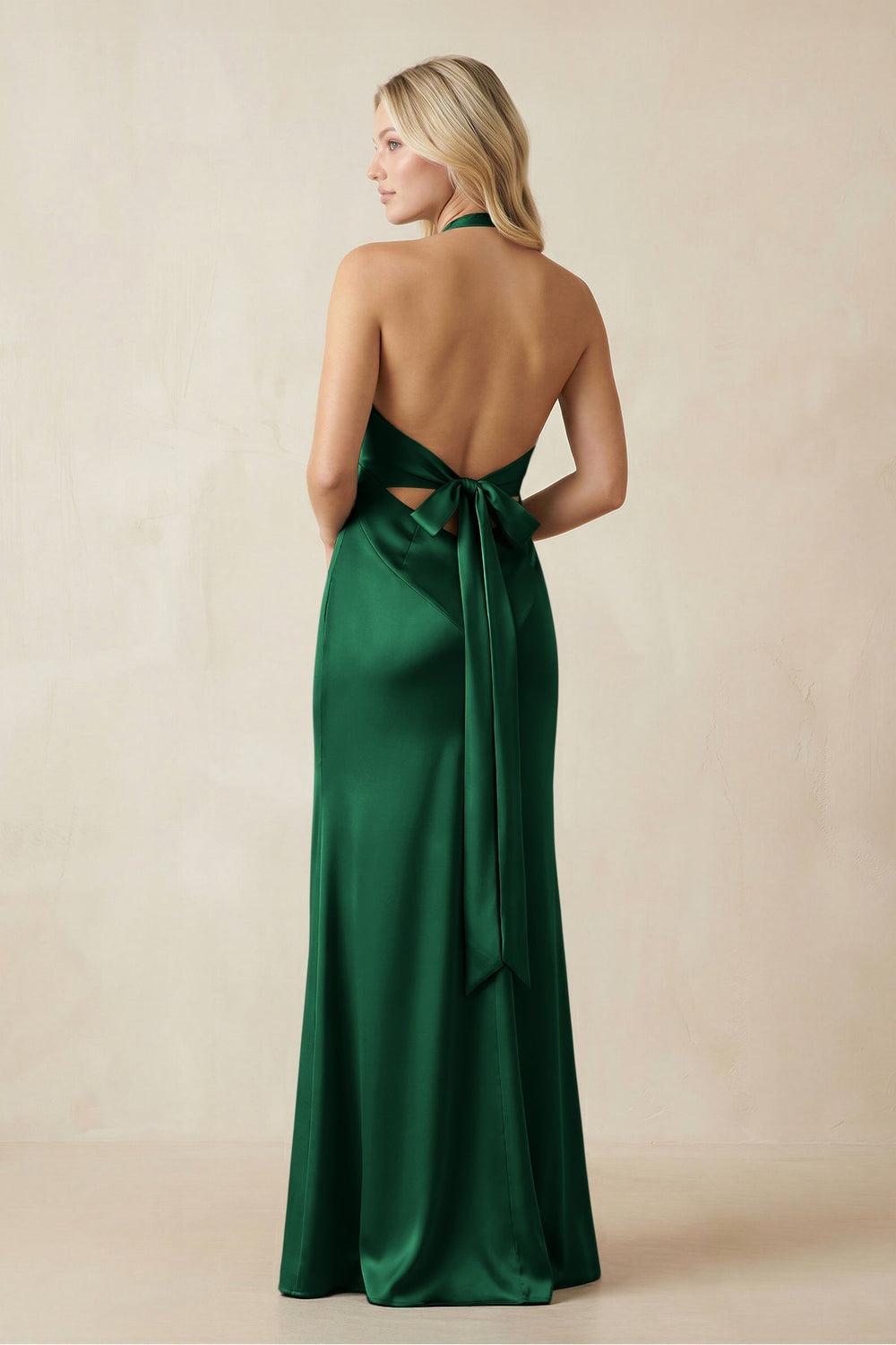 V - Neck Sheath Satin Bridesmaid Dress with Bow in Green - KissProm Bridesmaid Dresses