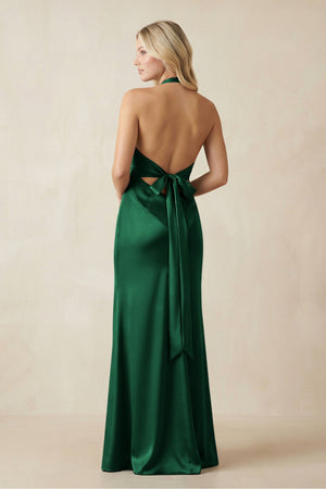V - Neck Sheath Satin Bridesmaid Dress with Bow in Green - KissProm Bridesmaid Dresses