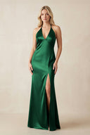 V - Neck Sheath Satin Bridesmaid Dress with Bow in Green - KissProm Bridesmaid Dresses