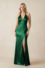 V - Neck Sheath Satin Bridesmaid Dress with Bow in Green - KissProm Bridesmaid Dresses