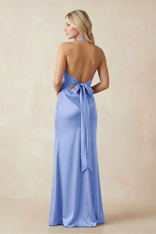 V - Neck Sheath Satin Bridesmaid Dress with Bow in Ice - KissProm Bridesmaid Dresses
