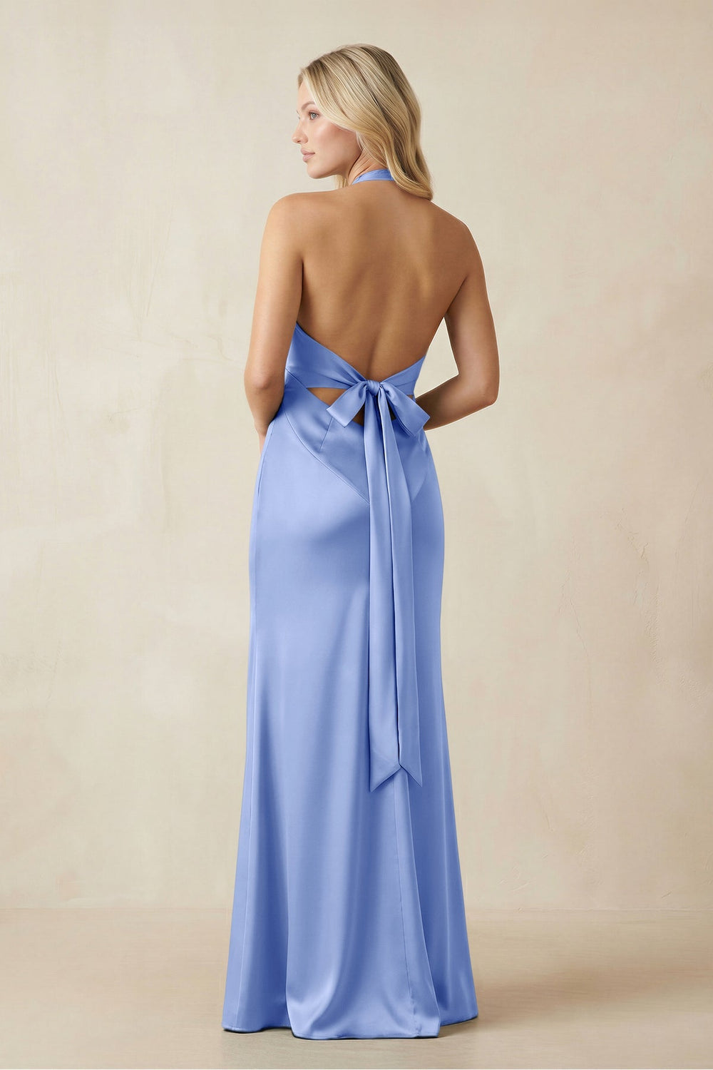 V - Neck Sheath Satin Bridesmaid Dress with Bow in Ice - KissProm Bridesmaid Dresses