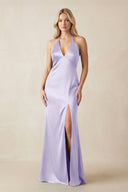 V - Neck Sheath Satin Bridesmaid Dress with Bow in Lavender - KissProm Bridesmaid Dresses