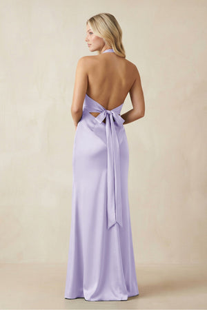 V - Neck Sheath Satin Bridesmaid Dress with Bow in Lavender - KissProm Bridesmaid Dresses