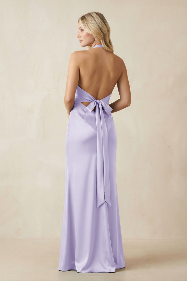 V - Neck Sheath Satin Bridesmaid Dress with Bow in Lavender - KissProm Bridesmaid Dresses