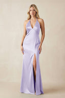V - Neck Sheath Satin Bridesmaid Dress with Bow in Lavender - KissProm Bridesmaid Dresses