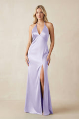 V - Neck Sheath Satin Bridesmaid Dress with Bow in Lavender - KissProm Bridesmaid Dresses