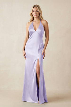 V - Neck Sheath Satin Bridesmaid Dress with Bow in Lavender - KissProm Bridesmaid Dresses